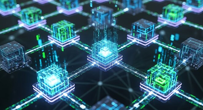 Neon-lit blockchain network, futuristic cryptocurrency, glowing digital grid, cyberpunk connections