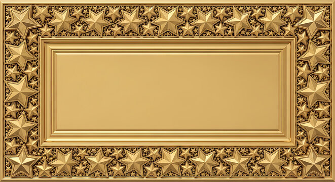 Gold colored rectangular frame with repeating five pointed star ornamentation 3d rendering