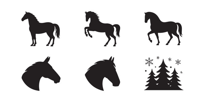 Set of six black silhouettes of horses in different poses with winter trees isolated on a white background.