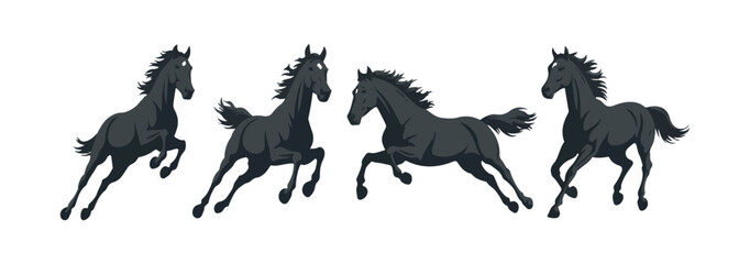 Set of four running black horses with flowing manes and tails isolated on white background for vector design. © Siyam Islam
