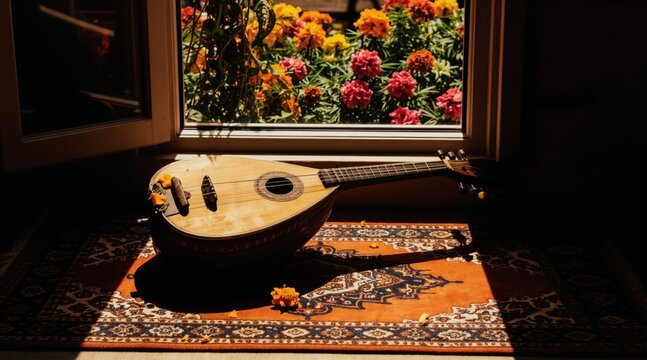 Acoustic string instrument rests on patterned rug near open window. Sunbeams illuminate wooden guitar and scattered flower petals. Flowers bloom outside in garden, casting shadows inside room.