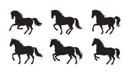 Artistic silhouettes of trotting and walking horses featuring flowing manes for stylish animal themed design. © Siyam Islam