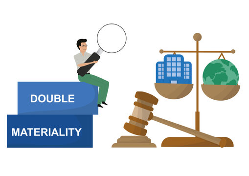 Double Materiality concept. Business character with magnifying glass on double materiality blocks beside justice scales with building and globe, with gavel. CSRD ESG assessment. Vector illustration