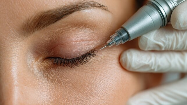 Micro-needling treatment for eyelashes and eyelid area with specialized aesthetic pen.
