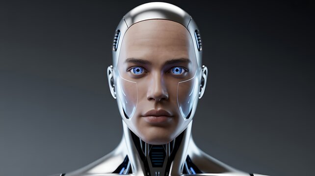 Futuristic android with glowing blue eyes, embodying artificial intelligence and advanced technology.