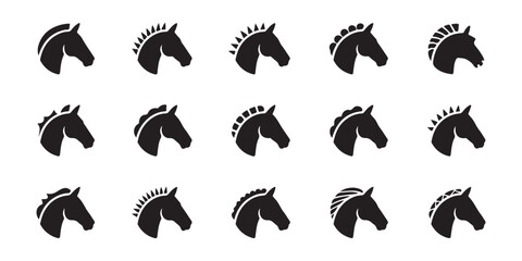 Stylized horse head icons, different manes and styles, vector set, graphic design elements, equine art. © Siyam Islam