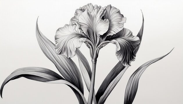 detailed monochrome botanical drawing of a single ruffled iris with tall stem and long leaves elegant and serene