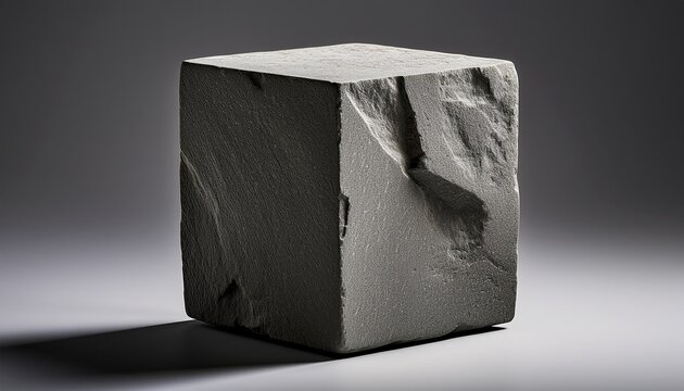 a gray stone cube with a rough uneven surface
