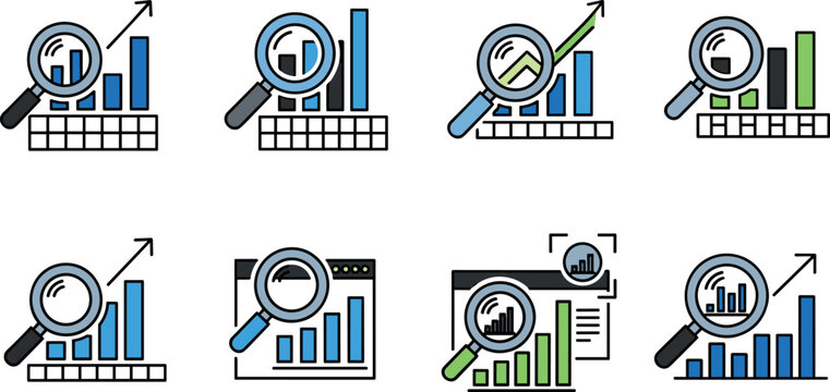 Data Analysis and Research Vector Icon Set with Magnifying Glass