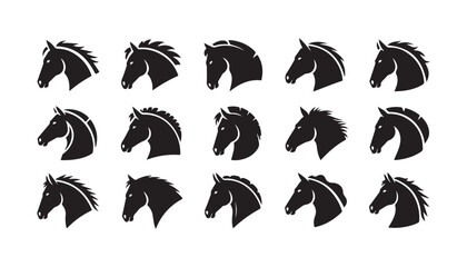 Horse head icons, various mane styles, vector graphic elements, equestrian symbols, digital art collection. © Siyam Islam
