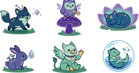Obraz premium Cute Fantasy Creature and Magical Animal Illustration Collection Featuring Mystic Fox, Enchanted Cat, Bunny, Owl, Dragon, and Adorable Cartoon Companion Characters