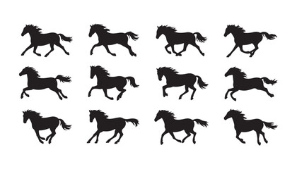 Obraz premium Running horse silhouettes, action poses, vector set, dynamic equine movement, graphic design elements.