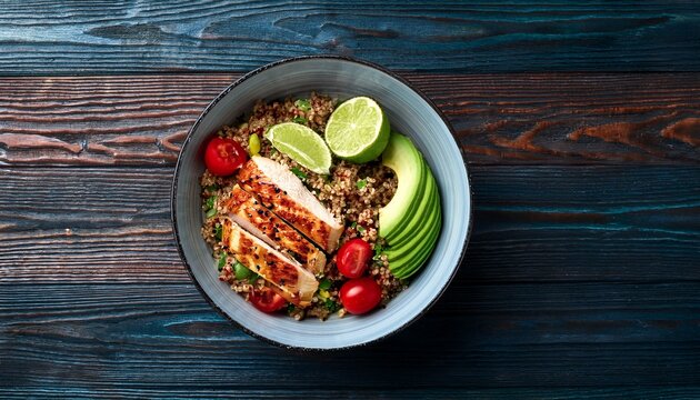 vibrant quinoa salad bowl with grilled chicken avocado cherry tomatoes lime on rustic wood background healthy fresh meal