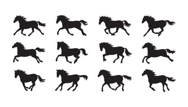 Running horse silhouettes, action poses, vector set, dynamic equine movement, graphic design elements.