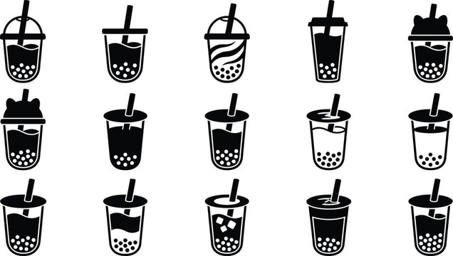 Black and white of bubble tea cups with straws and lids, various