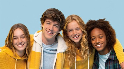 Obraz premium Diverse group of four happy teenagers laughing and smiling together, representing friendship and youth culture