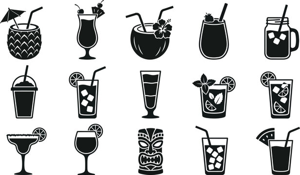 Black and white of various cocktail glasses and drinks