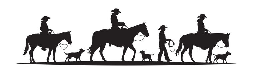 Western riders on horseback walking in line with dogs silhouette illustration for ranching and farming themes. © Siyam Islam