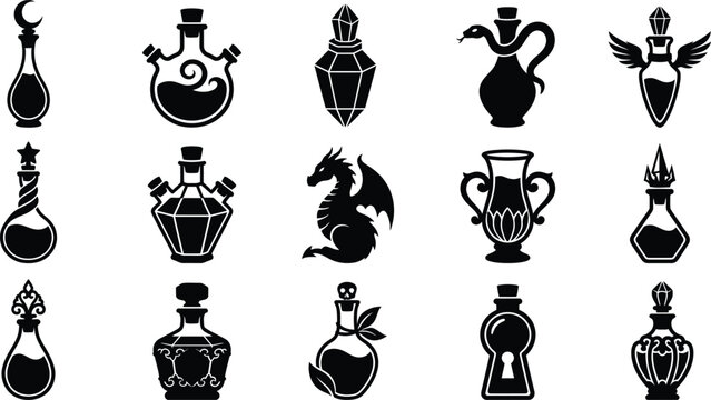 Black silhouette of various bottles, flasks, and a dragon