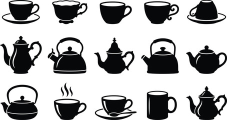 Fototapeta premium Black silhouettes of teapots and tea cups on white background, various styles