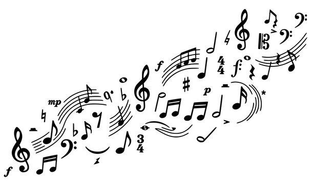 Floating musical notation vector elements with dynamic rhythm symbols isolated on white background