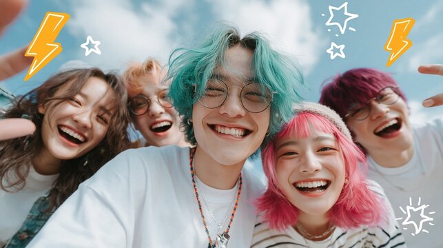 Diverse group of joyful young friends capturing a vibrant selfie on a sunny day