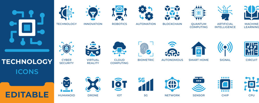 Technology and innovation icon set. Artificial intelligence, blockchain, robotics, cyber security, cloud computing, 5G network, virtual reality and machine learning vector symbols.
