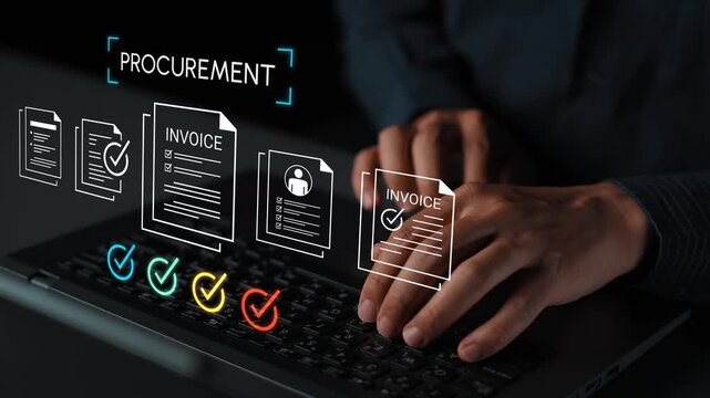 Professional Hands on Laptop Managing Digital Procurement Process with Invoices and Checkmarks in a Modern Office Environment Gluon.