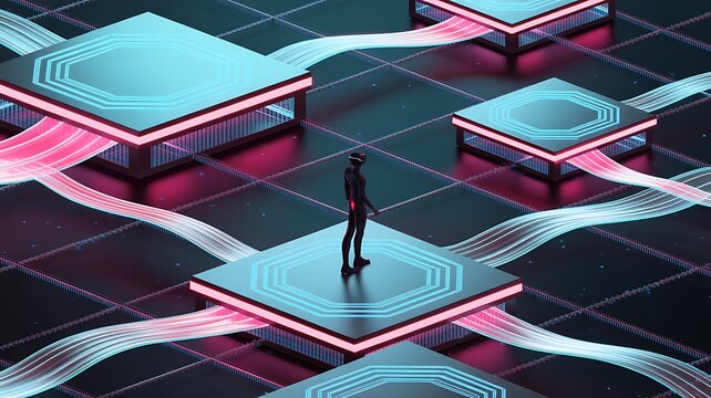 Futuristic figure stands amidst glowing digital pathways connecting abstract data nodes.