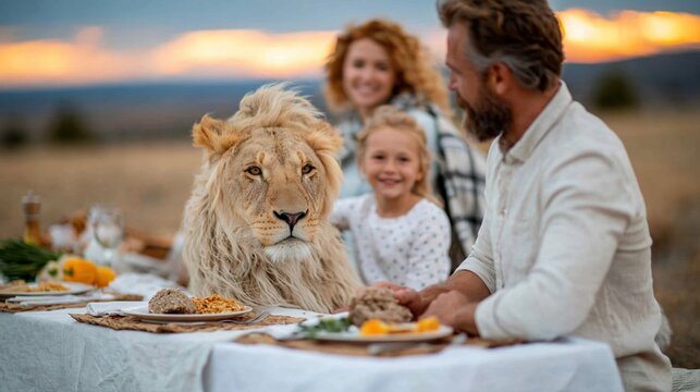 An unexpected setting of a family dining experience with a friendly lion highlights themes of adventure, connection with nature, and a unique lifestyle choice.