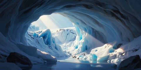 Fototapeta premium Sunlight streams into vast ice cave with blue formations. Frozen river flows through snowy glacial landscape. Arctic nature scene under glacier ice.