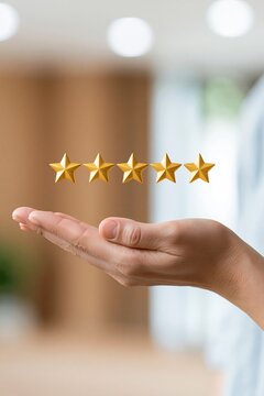 Five Golden Stars Float Above An Open Hand Against A Blurred Background