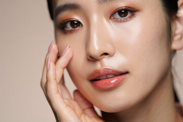 Fototapeta premium Close-up of asian woman's face with perfect skin portrait cosmetics wellness features background lifestyle