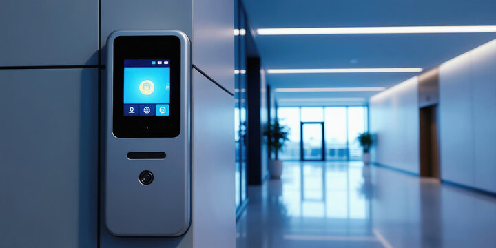 Smart control panel on wall in modern office corridor. Digital screen shows icons for building automation. System manages lighting and temperature for eco efficiency.