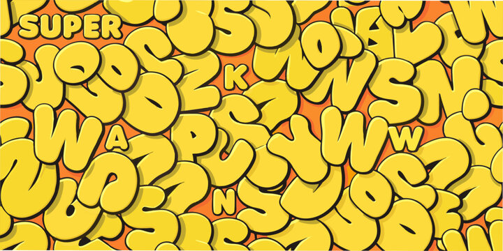 Yellow bubble letter pattern with black outlines a repeating design