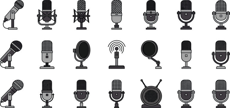 Professional Microphone Icon Collection Featuring Studio, Podcast, Broadcast, and Recording Equipment Designs for Audio Production, Streaming, Radio, and Media Projects