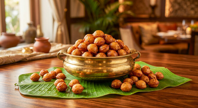 Traditional South Indian Sweet Unniyappam in a Brass Bowl on Banana Leaf, Generative AI