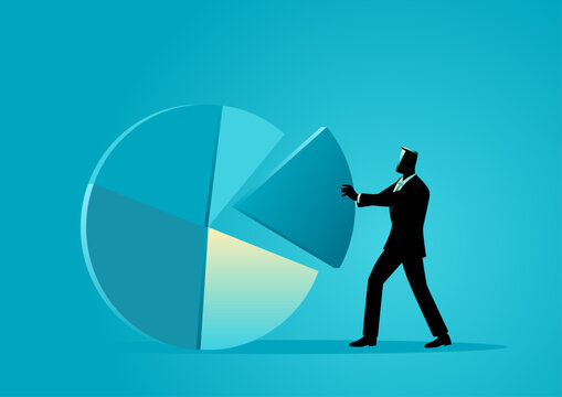 Businessman pushing or pulling pie chart, market share, dividend share, business strategy concept.