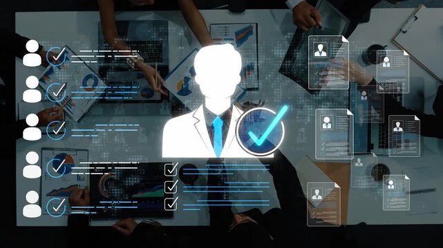 Abstract representation of business teamwork and professionalism with data analysis in a corporate environment featuring digital interfaces and check marks. Sigmoid