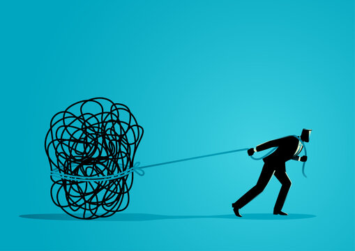 Exhausted businessman dragging mental stress, anxiety concept illustration
