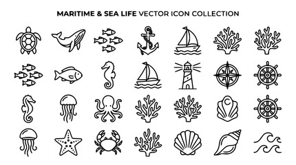 Fish and sea creature vector outline icon bundle with maritime ocean symbols © Shohel