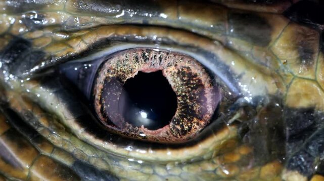 Close-up of of Tegu lizard eye (Tupinambis cuzcoensis)  blinking.  In slow motion. The nictitating membrane is crossing the eye.  In rainforest, Yasuni National Park, Orellana province, Ecuador