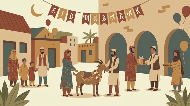 Eid mubarak celebration with family and friends in a village setting with a goat