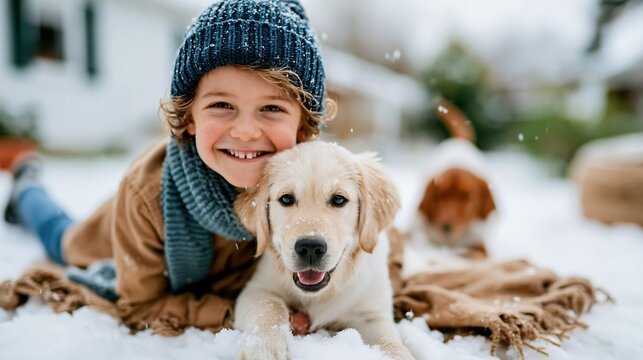 A joyful child lies in the snow, playing with a golden puppy, embodying the essence of childhood joy and love for animals in a beautiful winter landscape.