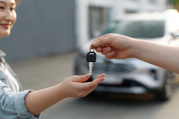 Fototapeta premium Close up of hands exchanging a car key, symbolizing a sale or rental