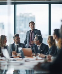 Fototapeta premium Diverse business team in modern office meeting room, focused on discussion and strategy by large window with city view
