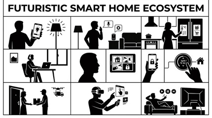 Fototapeta premium Modern Connected Home Silhouette Set with Smart Technology IoT Automation and Digital Lifestyle Actions
