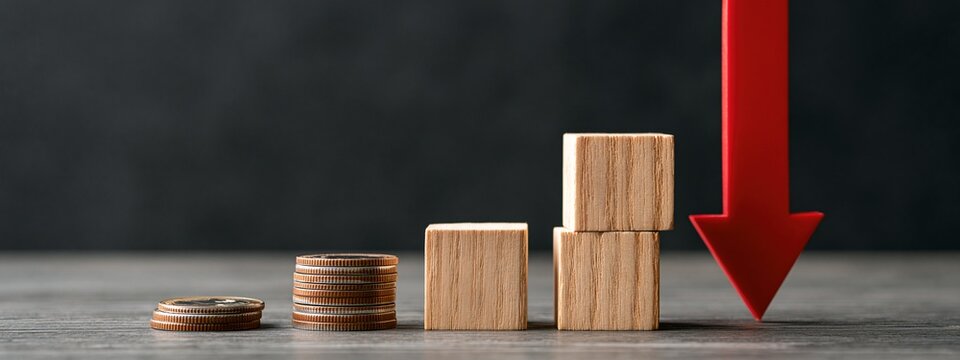 Coins and Wooden Blocks with Red Arrow Decline, Financial Economic Concept