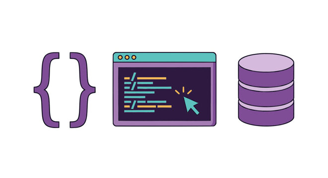 Web Development Icons Set with Coding Braces Browser and Database