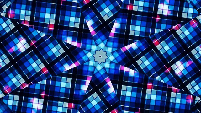 Vibrant blue and pink geometric pattern forms a kaleidoscope on a dark background
